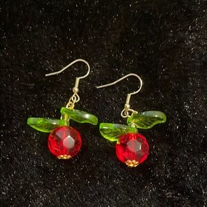 Cherry Shaped Earrings with Green Leaves